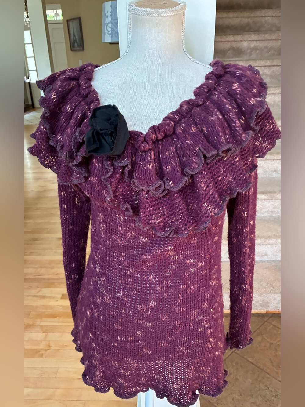 Vintage Y2k Zone Bleue Paris Ruffle Off-the-Shoulder Sweater in Marled Plum